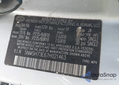 2007 Hyundai Santa Fe Limited/Se из США, поврежденный, VIN 5NMSH73E67H021463